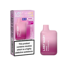 Lost Mary BM600 vape kit in "Blackberry Ice" flavour with packaging on a white background.