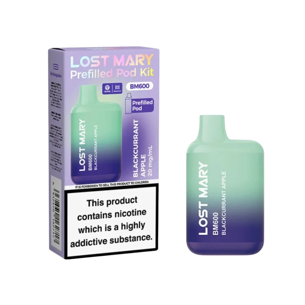 Lost Mary BM600 vape kit in "Blackcurrant Apple" flavour with packaging on a white background.