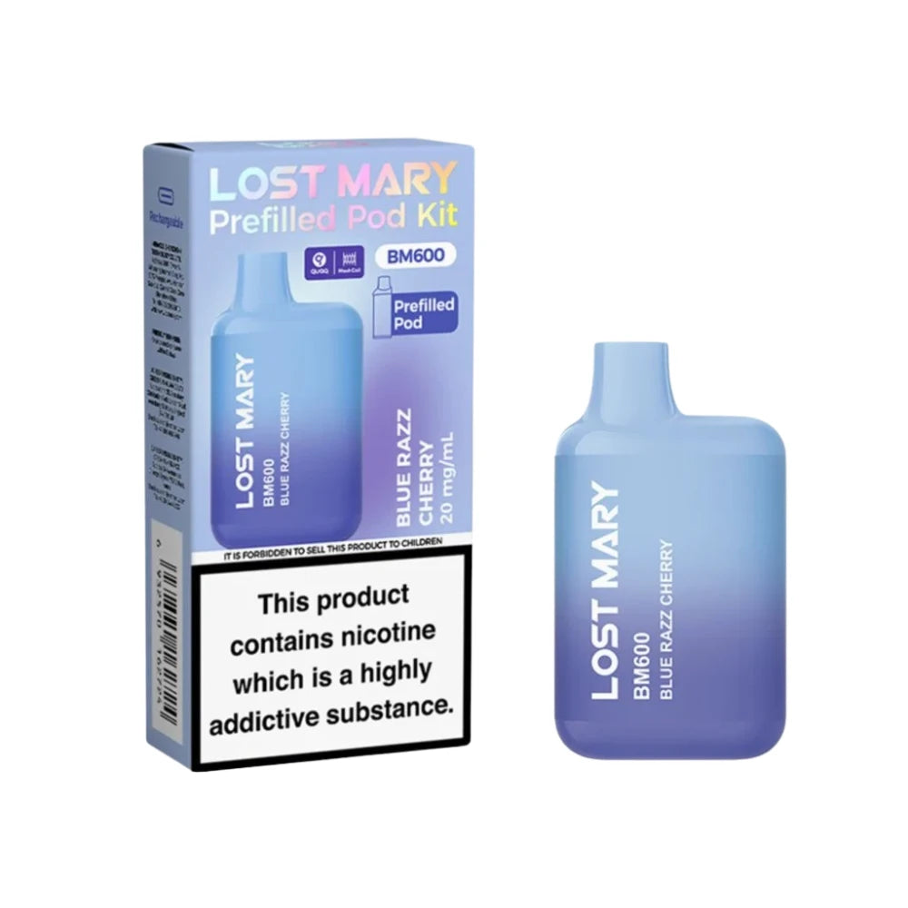 Lost Mary BM600 vape kit in "Blue Razz Cherry" flavour with packaging on a white background.