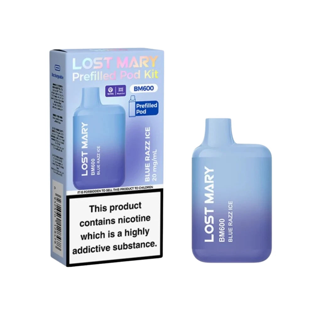 Lost Mary BM600 vape kit in "Blue Razz Ice" flavour with packaging on a white background.