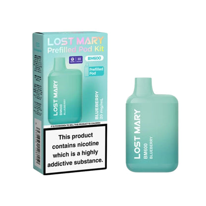 Lost Mary BM600 vape kit in "Blueberry" flavour with packaging on a white background.
