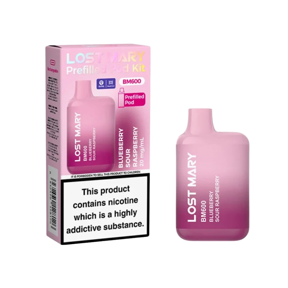 Lost Mary BM600 vape kit in "Blueberry Sour Raspberry" flavour with packaging on a white background.
