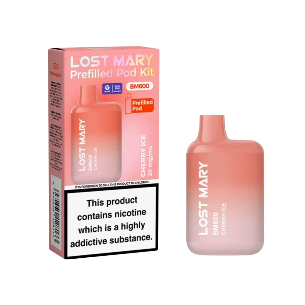 Lost Mary BM600 vape kit in "Cherry Ice" flavour with packaging on a white background.