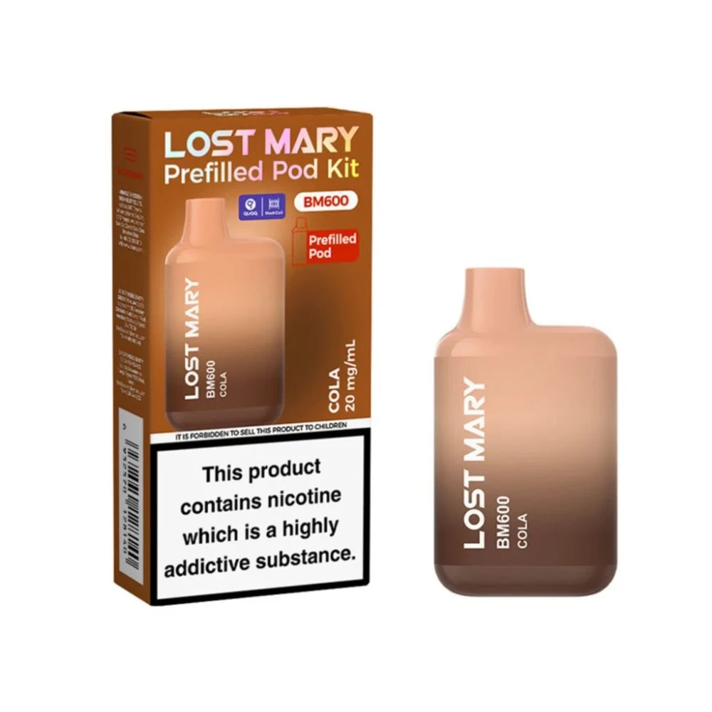 Lost Mary BM600 vape kit in "Cola" flavour with packaging on a white background.