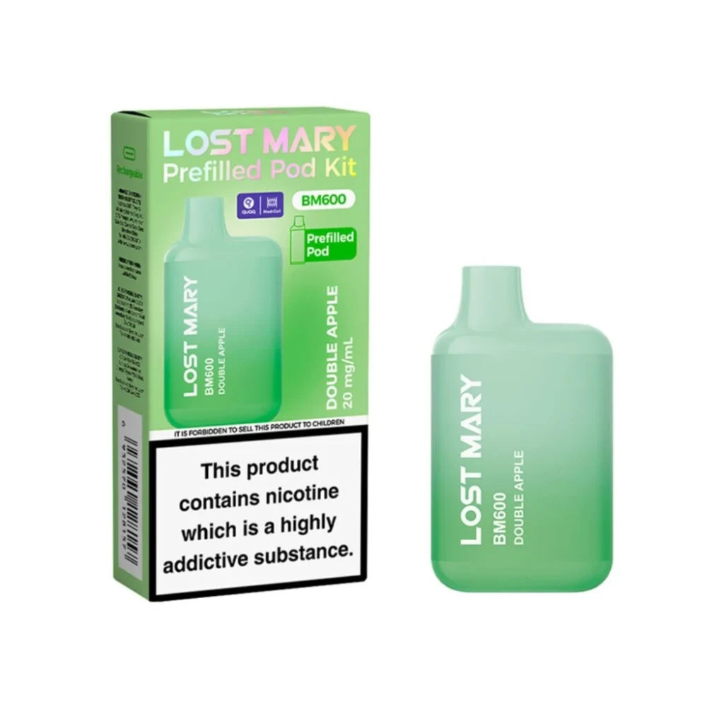 Lost Mary BM600 vape kit in "Double Apple" flavour with packaging on a white background.