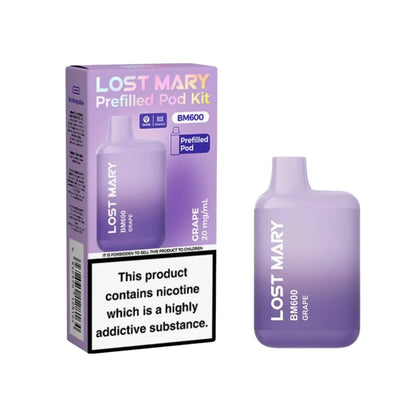 Lost Mary BM600 vape kit in "Grape" flavour with packaging on a white background.