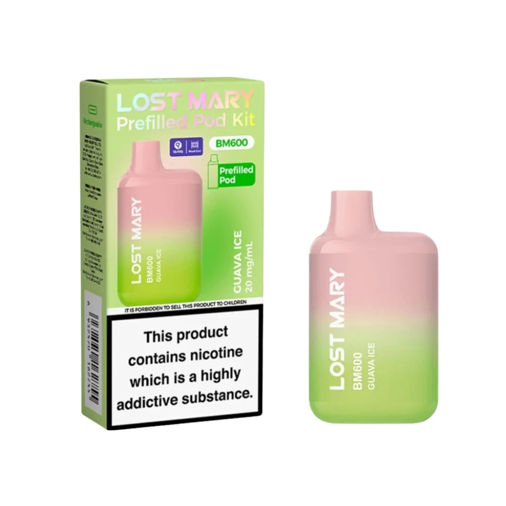 Lost Mary BM600 vape kit in "Guava Ice" flavour with packaging on a white background.