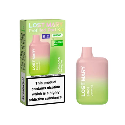 Lost Mary BM600 vape kit in "Guava Ice" flavour with packaging on a white background.