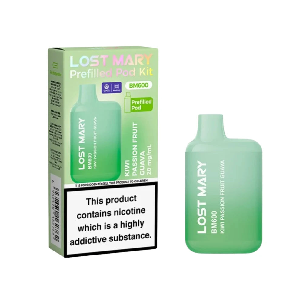 Lost Mary BM600 vape kit in "Kiwi Passionfruit Guava" flavour with packaging on a white background.
