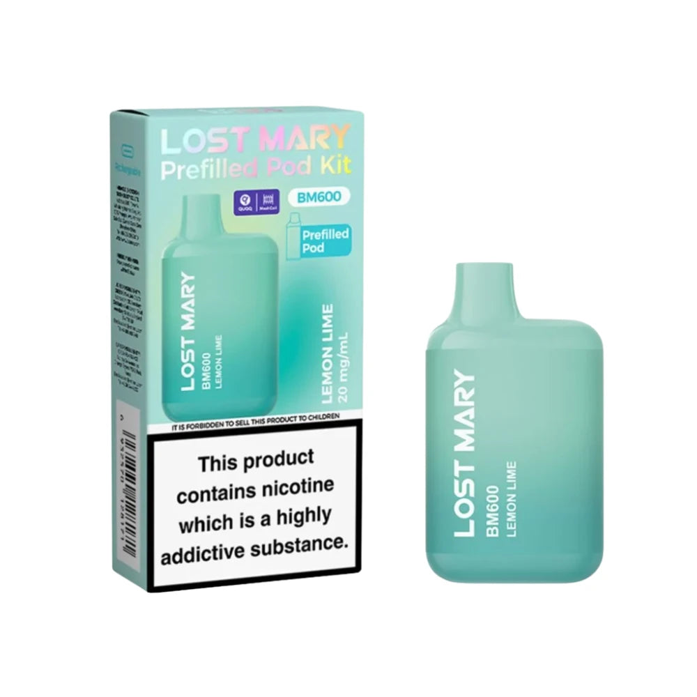 Lost Mary BM600 vape kit in "Lemon Lime" flavour with packaging on a white background.