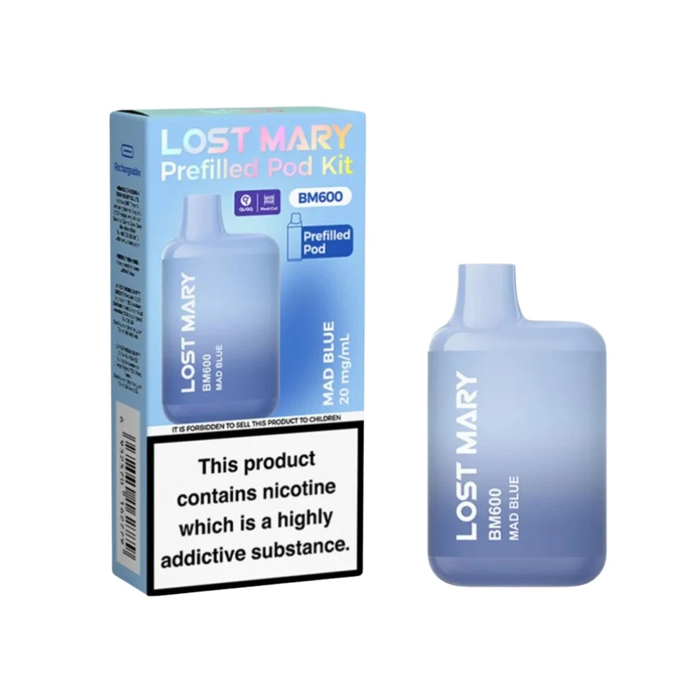 Lost Mary BM600 vape kit in "Mad Blue" flavour with packaging on a white background.