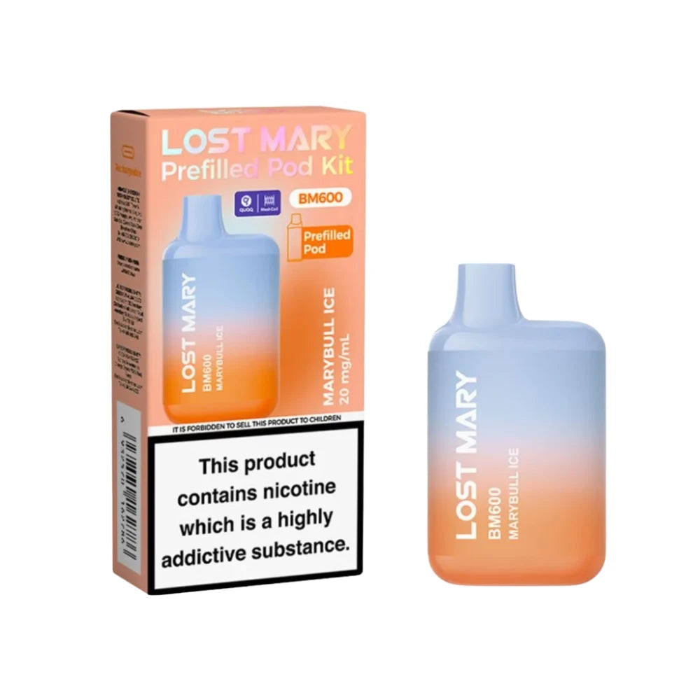 Lost Mary BM600 vape kit in "Marybull Ice" flavour with packaging on a white background.