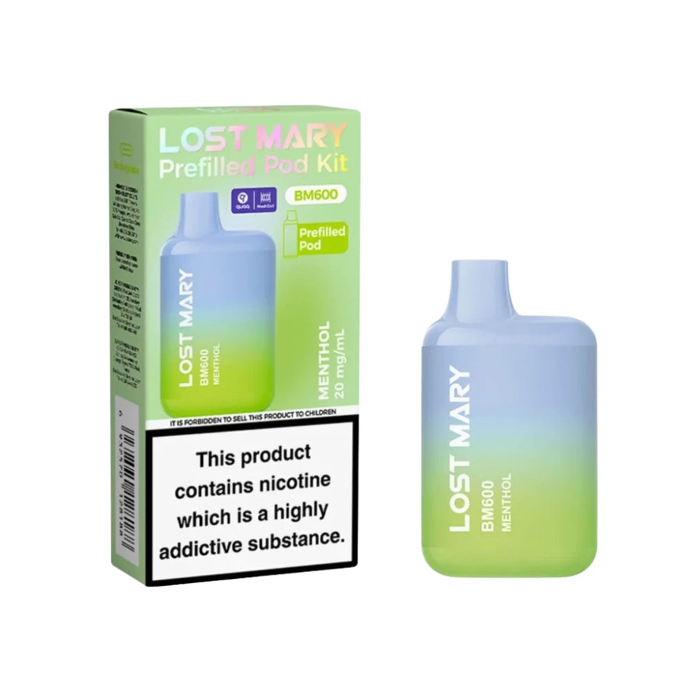 Lost Mary BM600 vape kit in "Menthol" flavour with packaging on a white background.