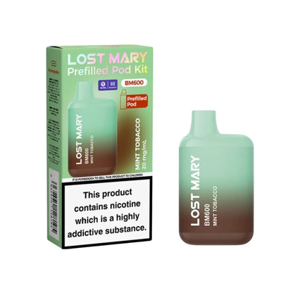 Lost Mary BM600 vape kit in "Mint Tobacco" flavour with packaging on a white background.
