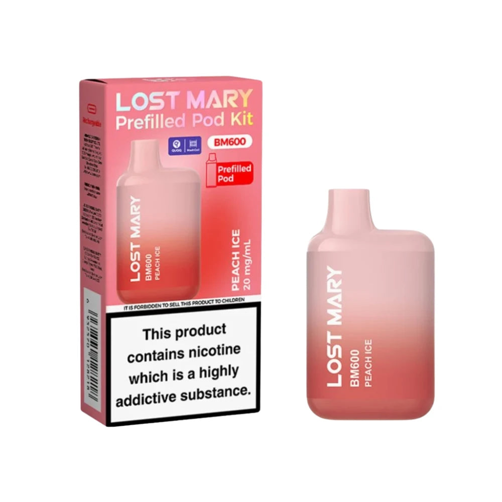 Lost Mary BM600 vape kit in "Peach Ice" flavour with packaging on a white background.