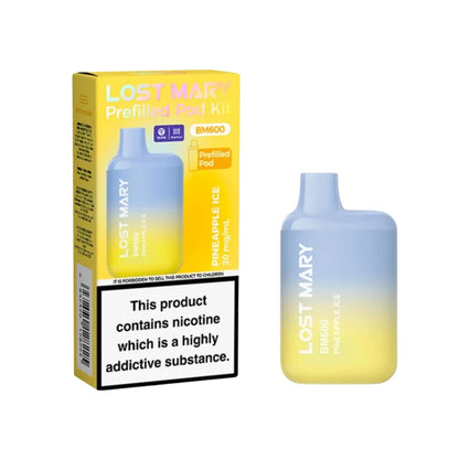 Lost Mary BM600 vape kit in "Pineapple Ice" flavour with packaging on a white background.