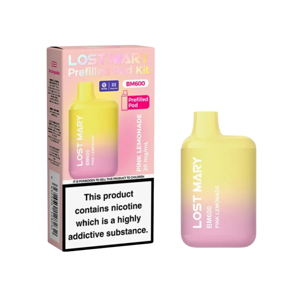 Lost Mary BM600 vape kit in "Pink Lemonade" flavour with packaging on a white background.
