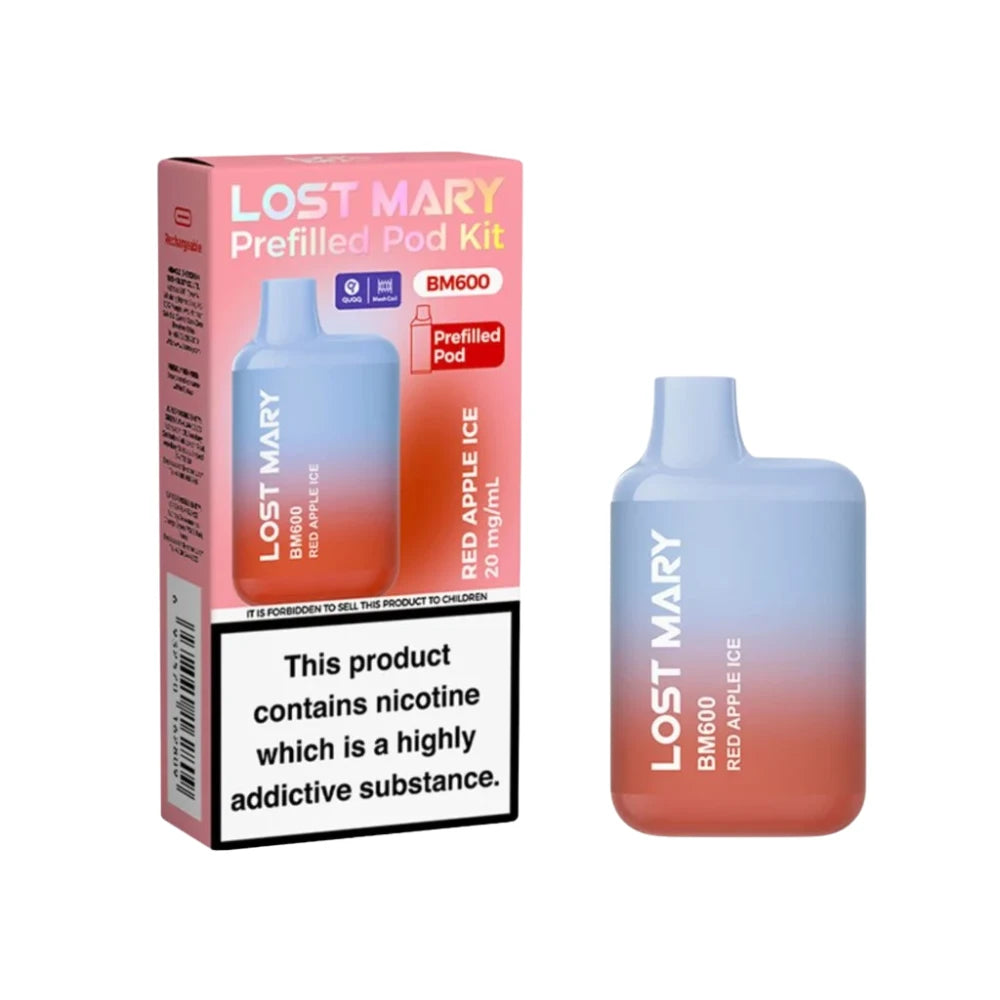 Lost Mary BM600 vape kit in "Red Apple Ice" flavour with packaging on a white background.