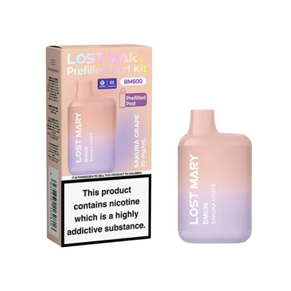 Lost Mary BM600 vape kit in "Sakura Grape" flavour with packaging on a white background.