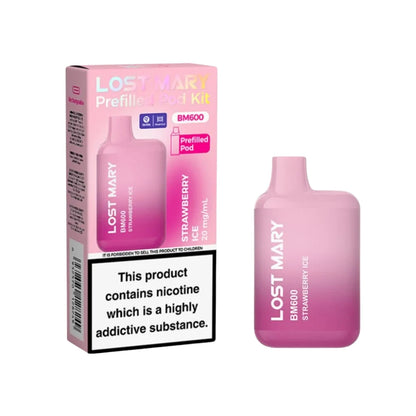 Lost Mary BM600 vape kit in "Strawberry Ice" flavour with packaging on a white background.