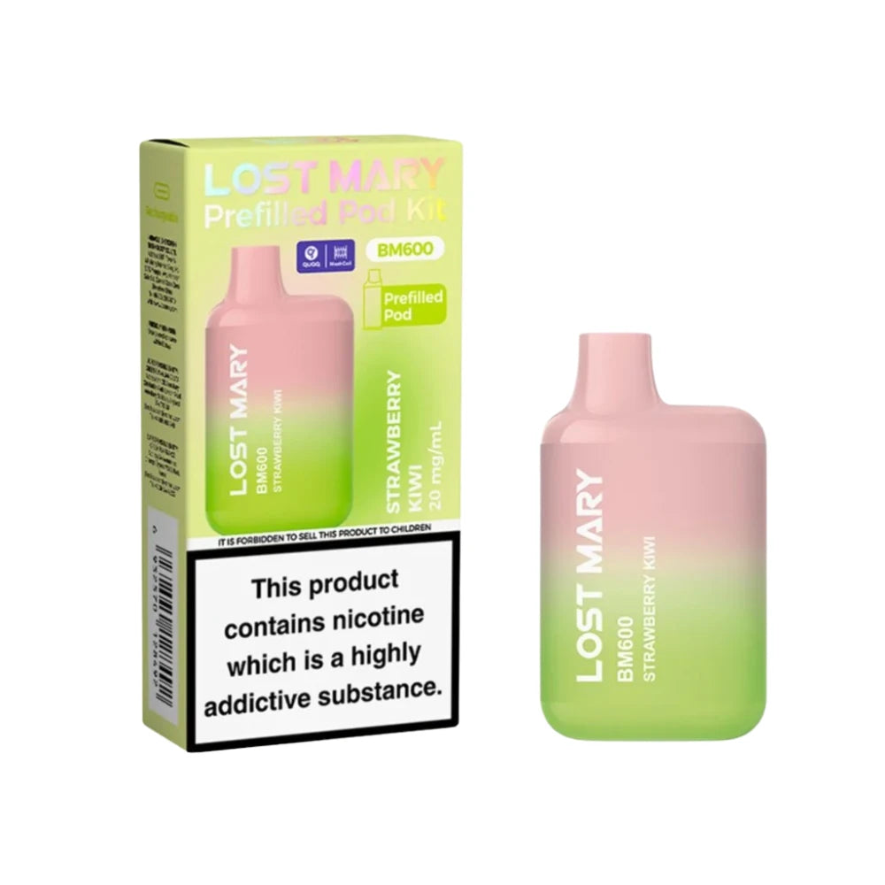 Lost Mary BM600 vape kit in "Strawberry Kiwi" flavour with packaging on a white background.