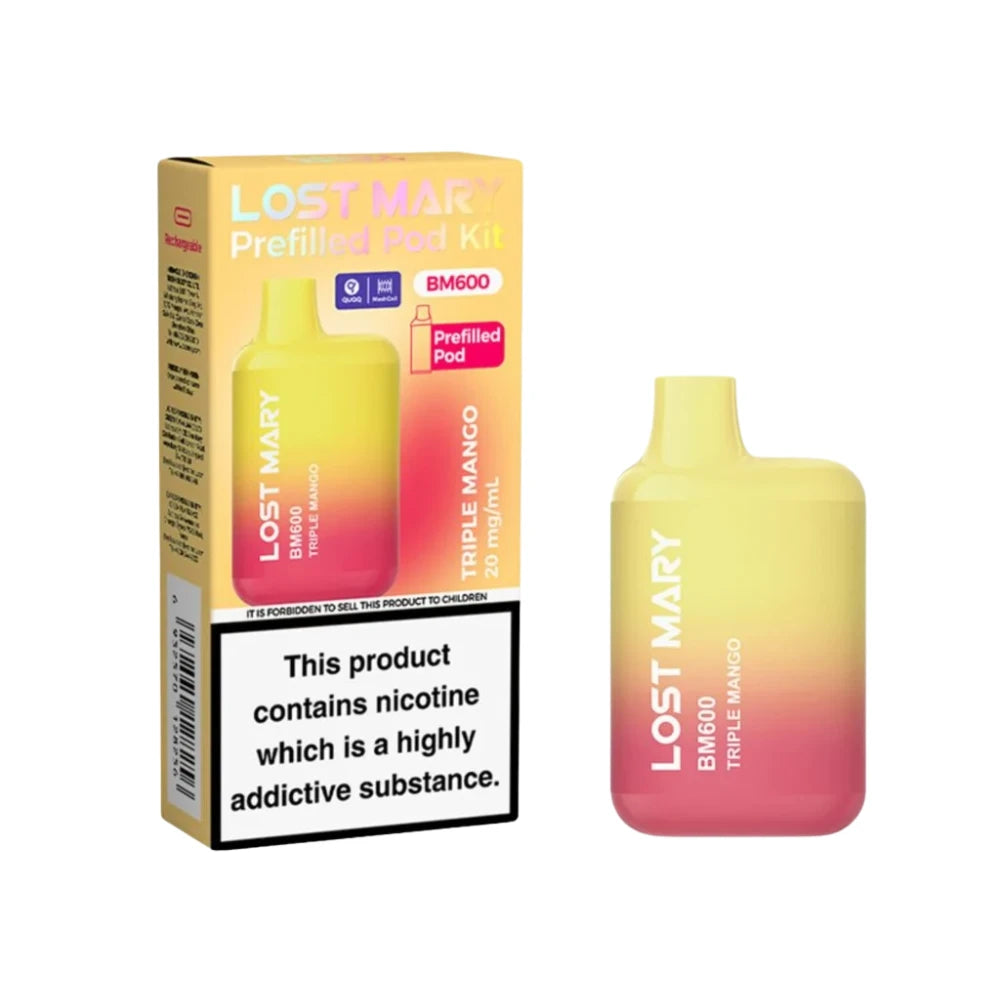 Lost Mary BM600 vape kit in "Triple Mango" flavour with packaging on a white background.