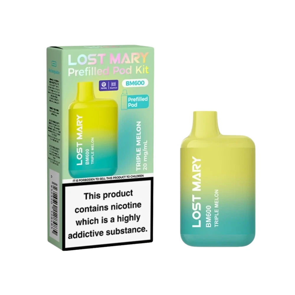 Lost Mary BM600 vape kit in "Triple Melon" flavour with packaging on a white background.