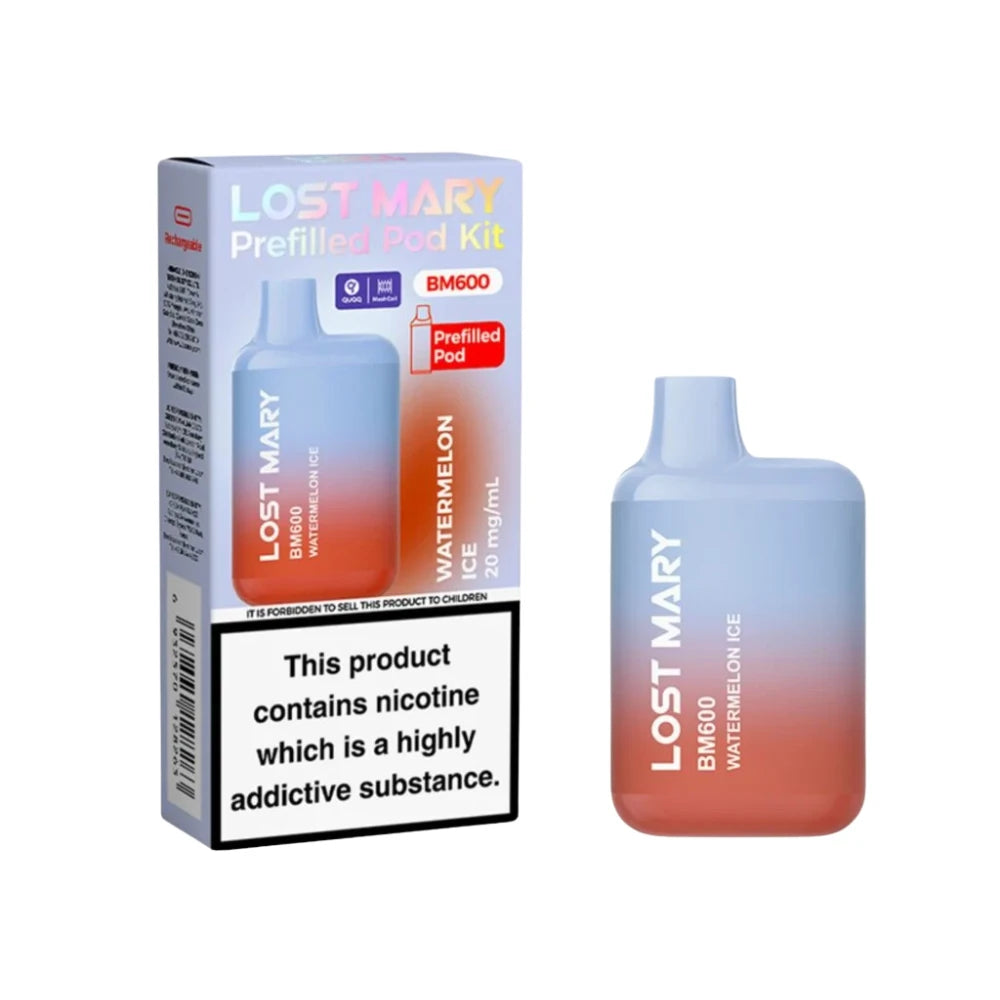 Lost Mary BM600 vape kit in "Watermelon ice" flavour with packaging on a white background.