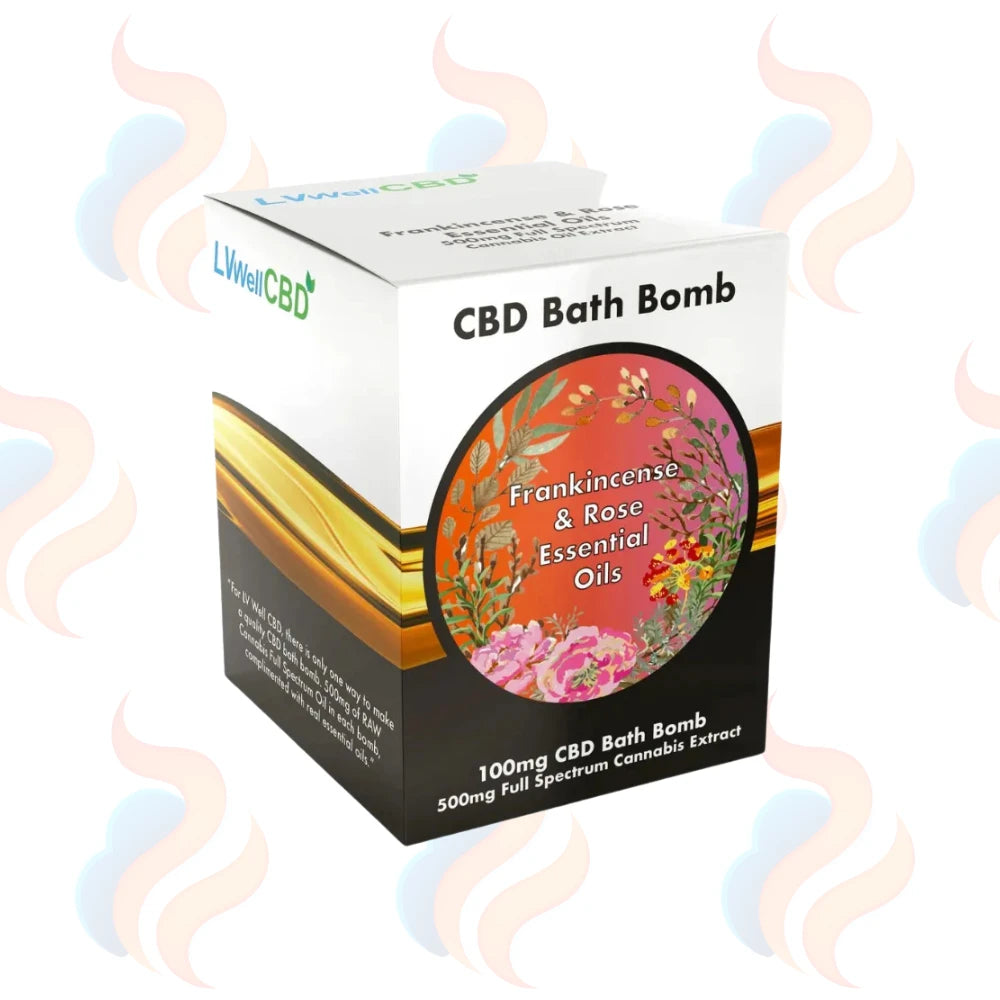 CBD Bath Bomb packaging with floral design and essential oil text on a white background