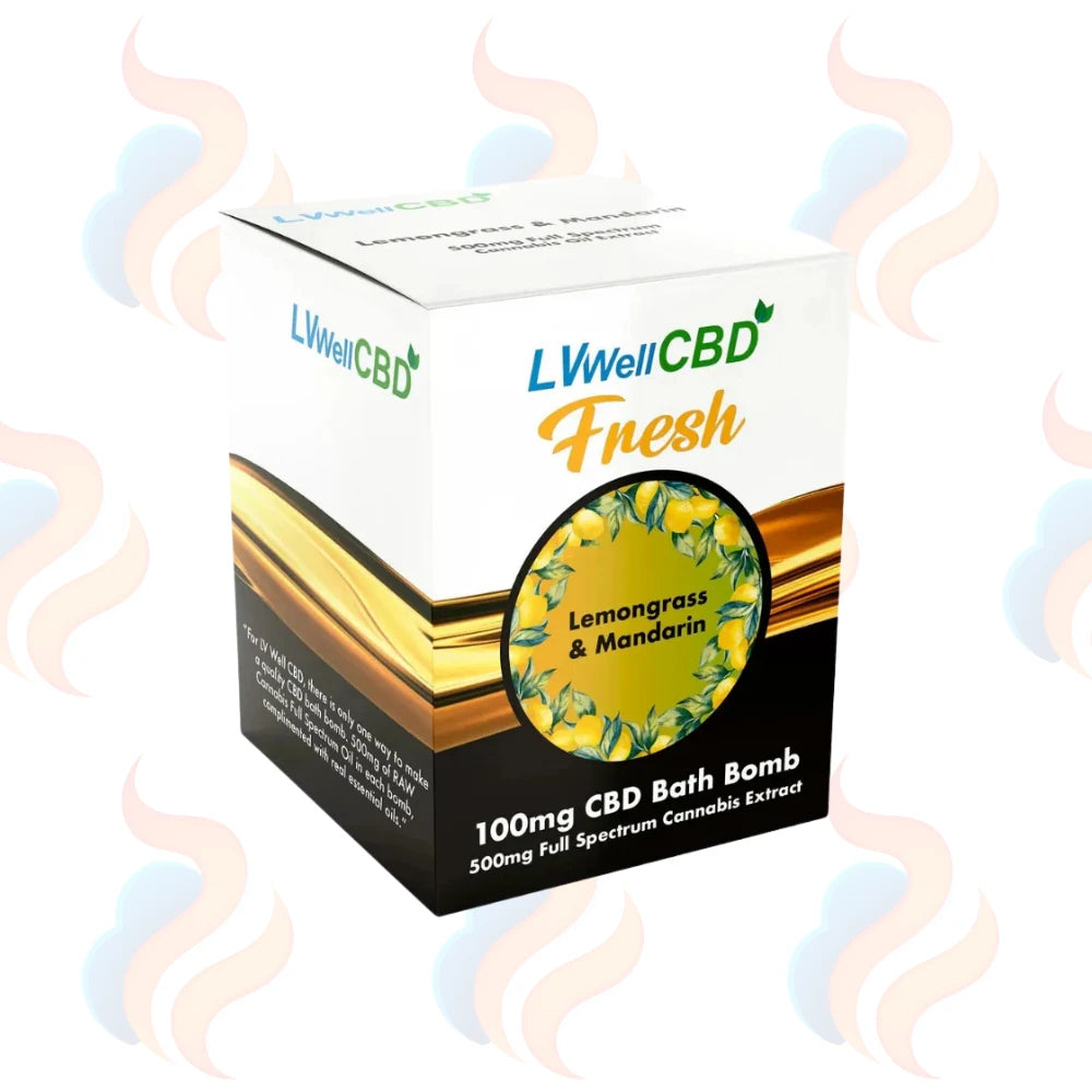 Box of LVWellCBD Fresh Lemongrass & Mandarin CBD Bath Bomb on a white background