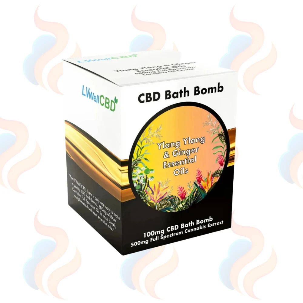 CBD Bath Bomb packaging with essential oil illustration on a white background