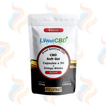 LVWellCBD CBD Soft Gel Capsules packaging on a white background with decorative elements.