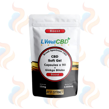 LVWellCBD CBD Soft Gel Capsules packaging on a white background with decorative elements.