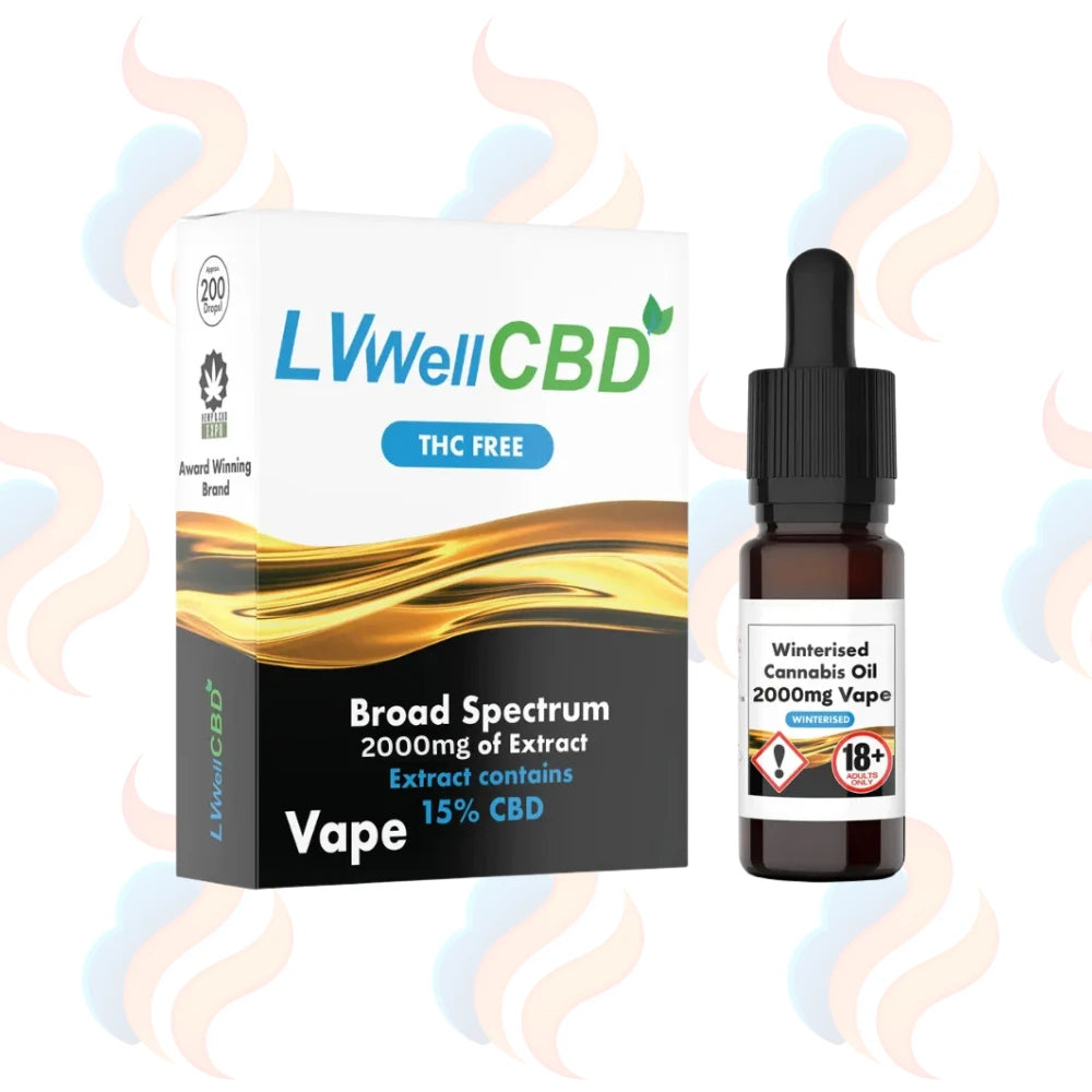 LVWellCBD vape packaging and bottle on a white background with smoke effects