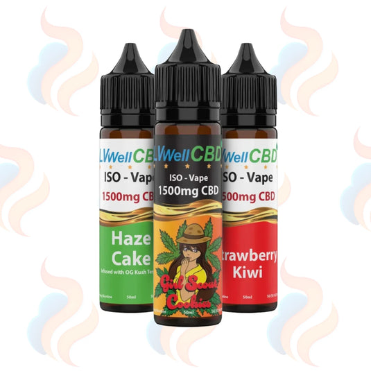 Three bottles of LVWell CBD ISO-vape juice with colourful labels on a white background.