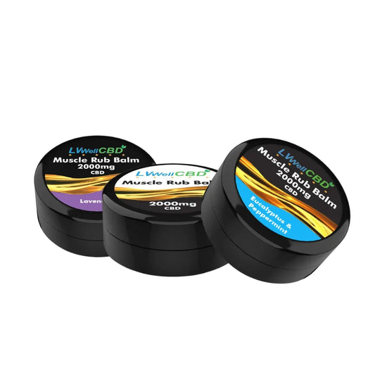 Three containers of LVWell CBD Muscle Rub Balm on a white background