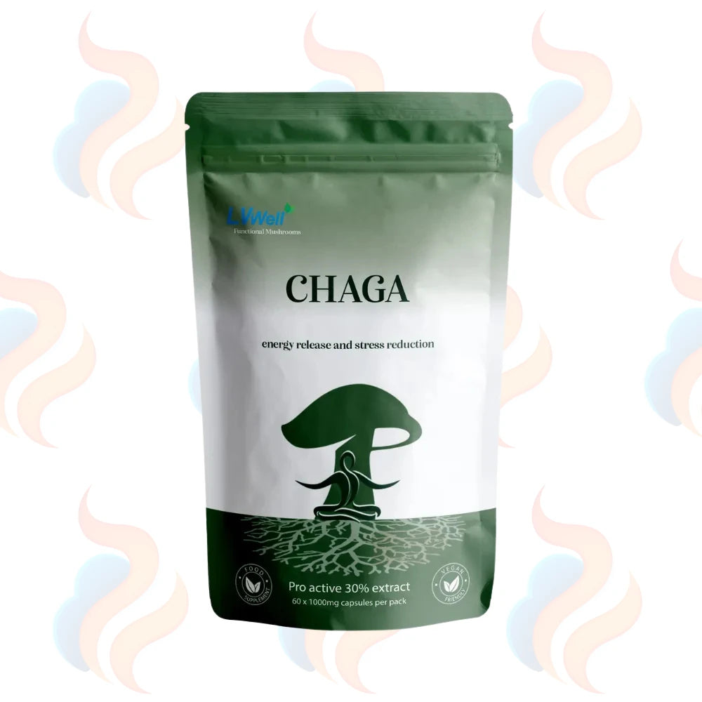Green and white package of Chaga mushroom powder on a white background
