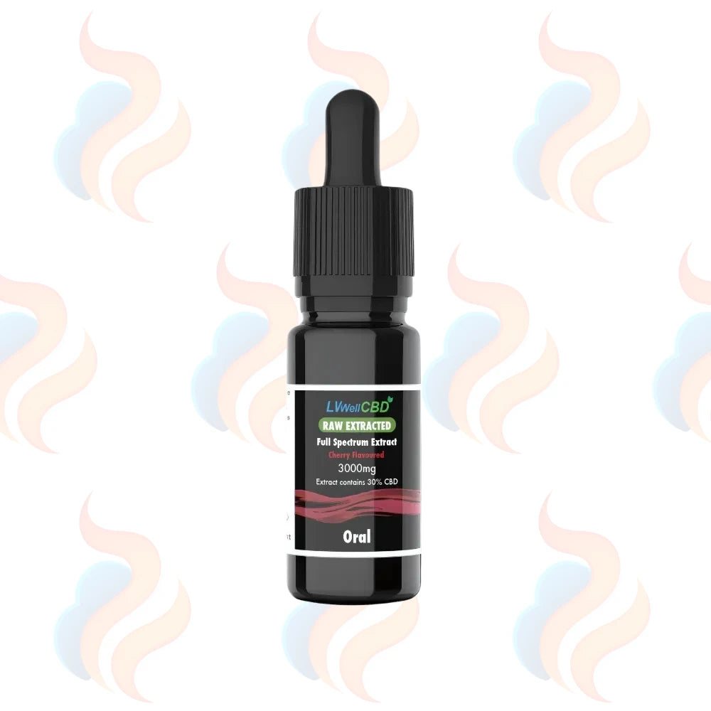 CBD oil dropper bottle with a white label on a white background with abstract smoke-like designs.