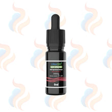 CBD oil dropper bottle with a white label on a white background with abstract smoke-like designs.