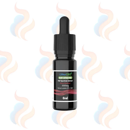 CBD oil dropper bottle with a white label on a white background with abstract smoke-like designs.