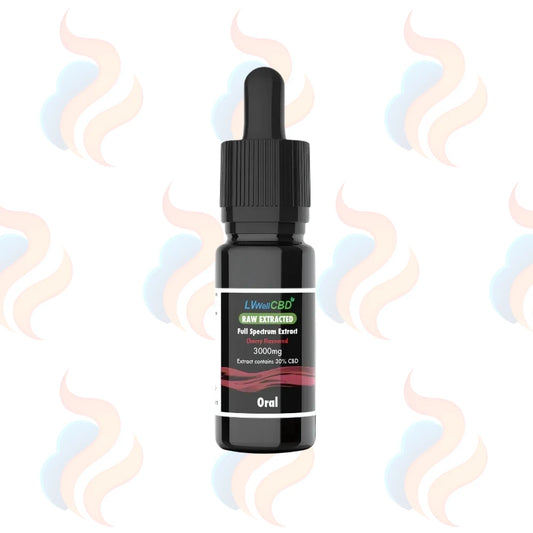 CBD oil dropper bottle with a white label on a white background with abstract smoke-like designs.