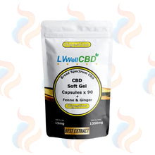LWellCBD CBD Soft Gel Capsules packaging on a white background with decorative elements.