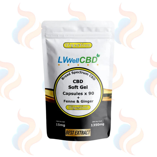 LWellCBD CBD Soft Gel Capsules packaging on a white background with decorative elements.