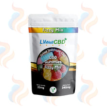 Packaging of LVWell CBD CBD Gummies Fizzy Mix on a white background with colourful swirls.