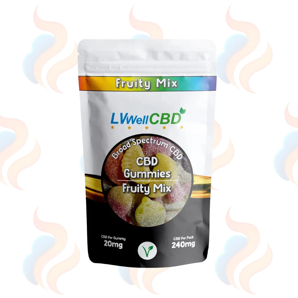 Packaging of LVWell CBD Fruity Mix CBD Gummies on a white background with decorative elements.