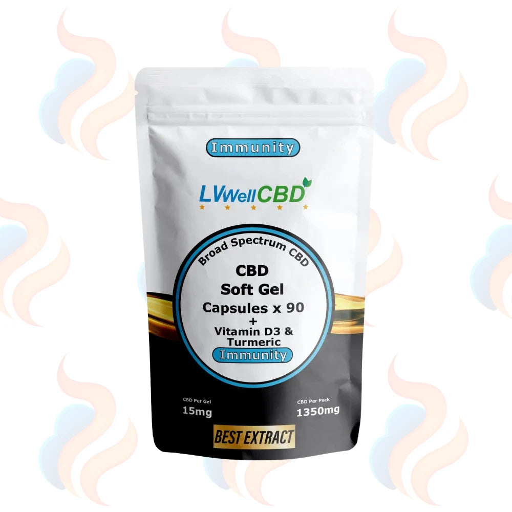 LWell CBD soft gel capsules packaging on a white background with decorative elements.