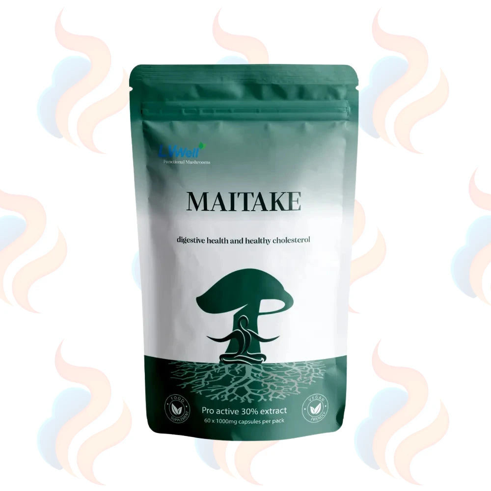 Maitake mushroom powder packaging on a white background