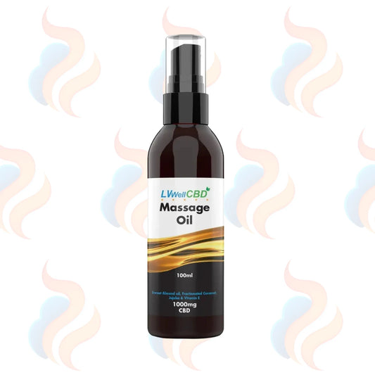 Bottle of LWellCBD Massage Oil on a white background with abstract designs.