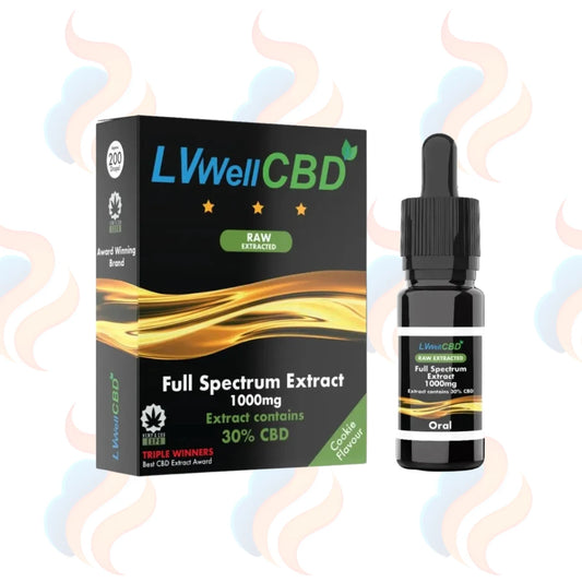 LVWellCBD full spectrum extract bottle and packaging on a white background with smoke effects.