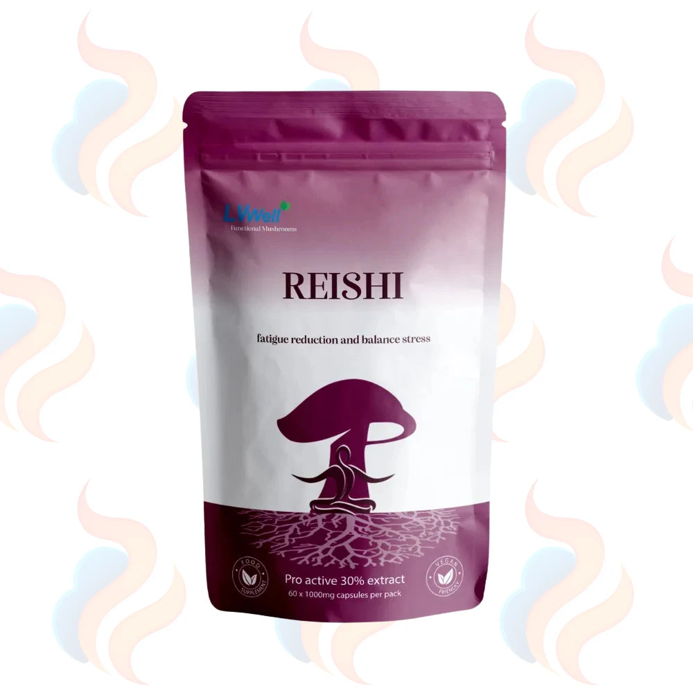 Reishi supplement package with mushroom graphic on a white background